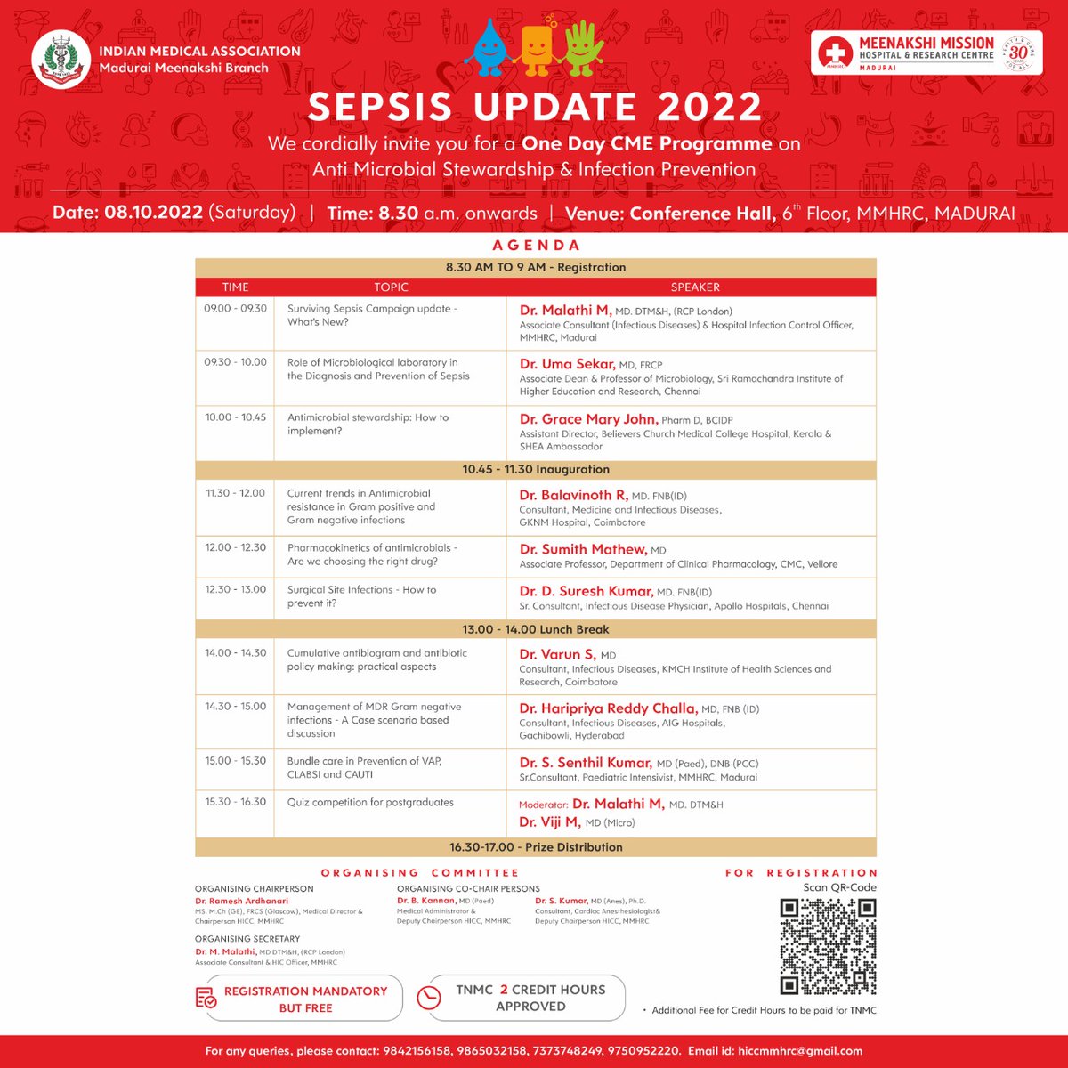 OfficialMMHRC's tweet photo. 'Sepsis update 2022'
A #Conference organized by Hospital #Infection control committee and IMA, Madurai Meenakshi Branch
Date: 08.10.2022
#besthospital #healthcare #mmhrc #tamilnadu #sepsis #infectioncontrol #antimicrobial #antimicrobialstewardship #cmeprogramme https://t.co/gkWqttVaIg
