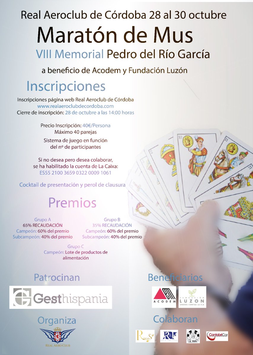 acodemcordoba's tweet photo. Un año más👏, abierto el plazo de inscripción para el "Maratón de Mus" del Real Aeroclub de Córdoba del 28 al 30 de octubre a beneficio de #acodem y #fundacionluzon. Más info 👇 https://t.co/PspxT2Lmtv