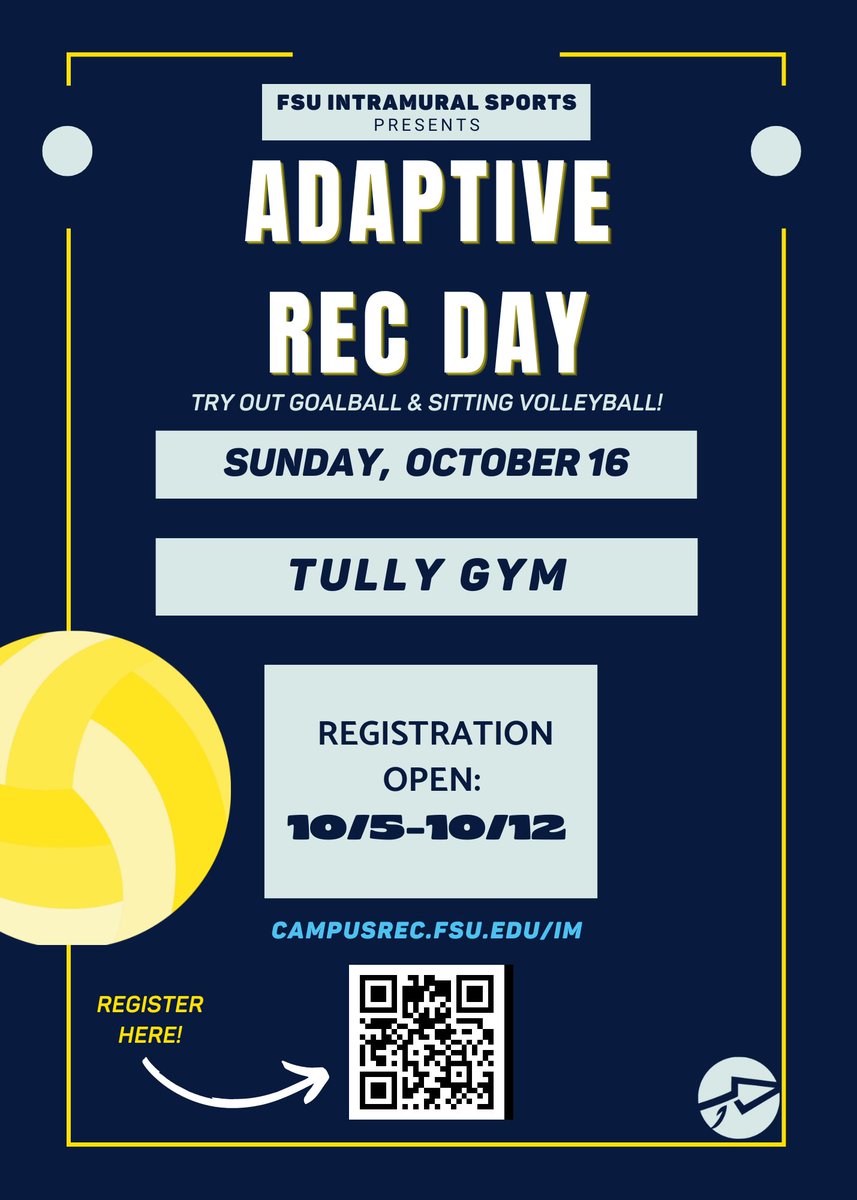 Join Campus Rec and FSU Intramural Sports for Adaptive Rec Day! Register today to play goalball and sitting volleyball! 

📆Sunday, October 16th
📍Tully Gym
⏰1-5 PM

#FSUSPM