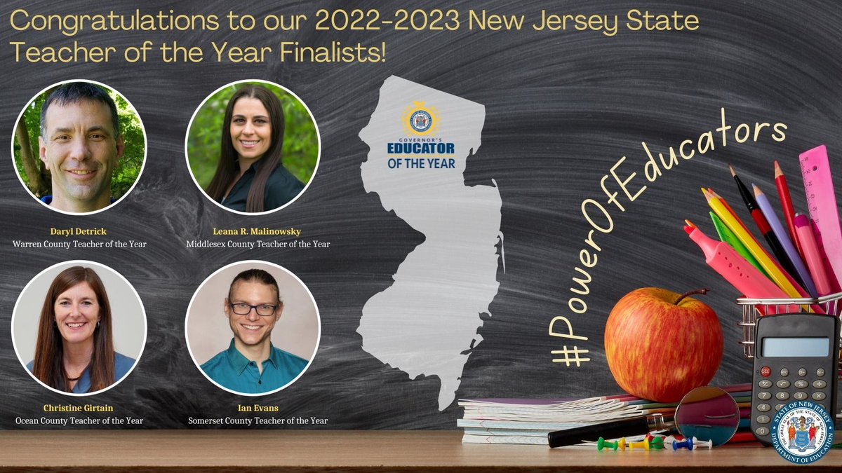 Congratulations to our 2022-23 New Jersey State Teacher of the Year Finalists! Who will earn this year’s title? Find out during the October 12th State Board of Education Public meeting 🎉 bit.ly/3Cz2vmh #GovernorsEducatorOfTheYearProgram