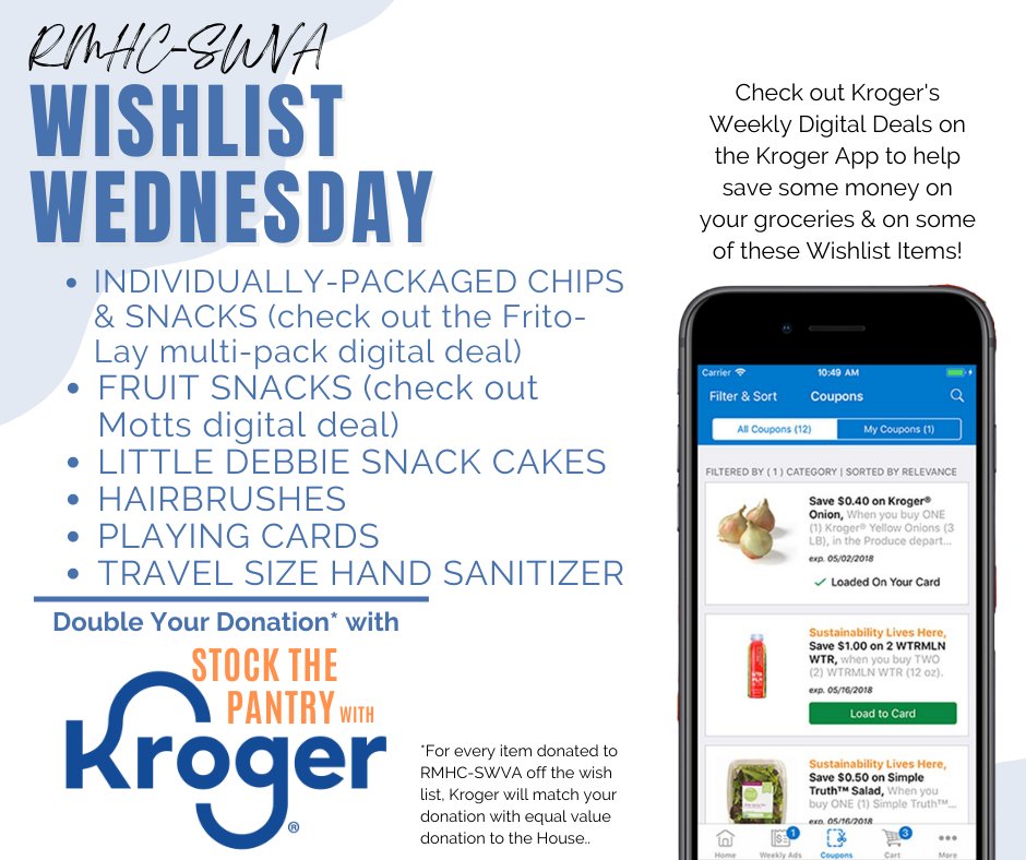It's #WishlistWednesday and we are in need of some items for our guests. If you have the Kroger APP, check out the deals to see what items you can save on while helping us out. Thank you so much for your support!