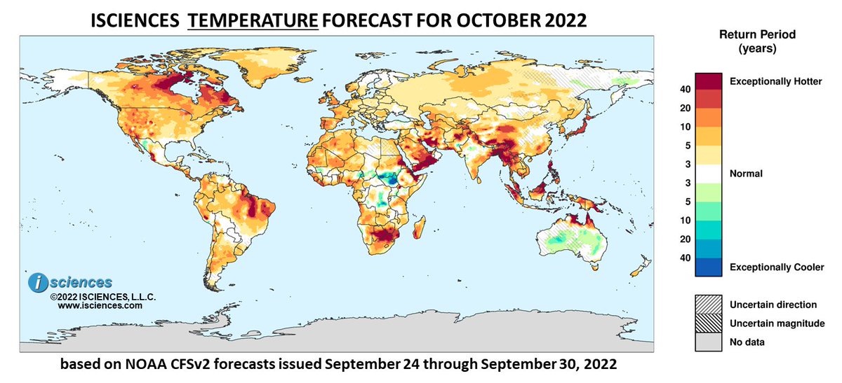 isciences's tweet photo. ISciences TEMPERATURE FORECAST Oct 2022. Much hotter than norm: #Yemen #HammarMarshes #FarsProvince #Somaliland #Ghazni #Paktika #Bangladesh #Myanmar #Philippines #Japan #Botwsana #Limpopo #Tocantins #Jamaica #Nunavut. Much cooler than norm: #SouthSudan. https://t.co/U2NYGTUWyp https://t.co/NG6PRwjK8w