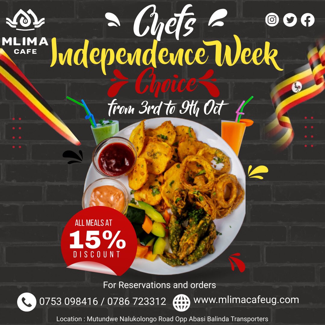 MlimaCafe's tweet photo. 15% discount all meal you order until Sunday 9th October! 

Look through our menu here https://t.co/QvSGVo1MOx and make your order. #Mlimacafe #UgandaAt60 https://t.co/ZaMIE1iOGn