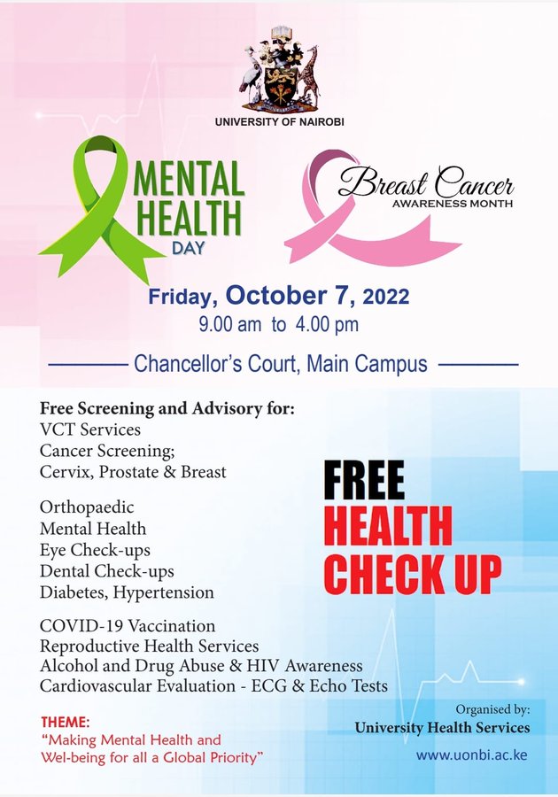 uonbi's tweet photo. Enjoy Free Medical Camp by the University Health Services this coming Friday October 7, 2022 at the Chancellors Court from 9.00 am to 4.30 pm as we commemorate the #WorldMentalHealthDay2022  

Tell a friend to tell a friend!

#WeAreUoN https://t.co/cGenZL23Jp
