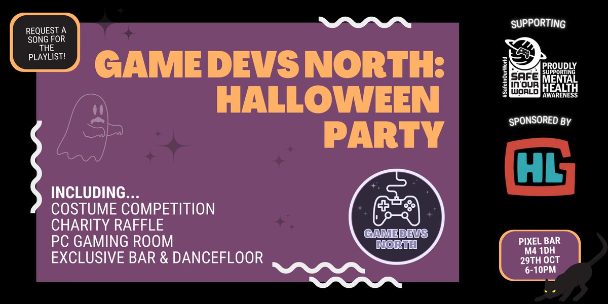 gamedevsnorth's tweet photo. GameDevs North is hosting a Halloween Party at @PixelBars Manchester!

🗓️ Oct 29th
🕕 6-10pm
🎃 Costume Competition
🍀 Charity Raffle
🎮 Games from @HyperLuminalUK 
🌟 Tickets are £10 (proceeds to @SafeInOurWorld) 

https://t.co/ROk4vJtgTu https://t.co/pYQoZbLYeu