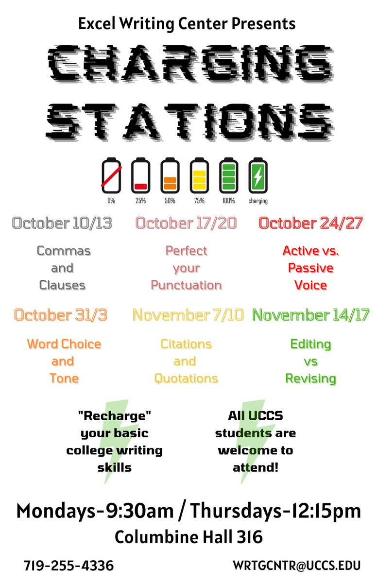 UCCSWritingCntr's tweet photo. Looking to "recharge" your writing skills? Join us for our new workshop series starting next week, #UCCS! https://t.co/FPm7wYFATH