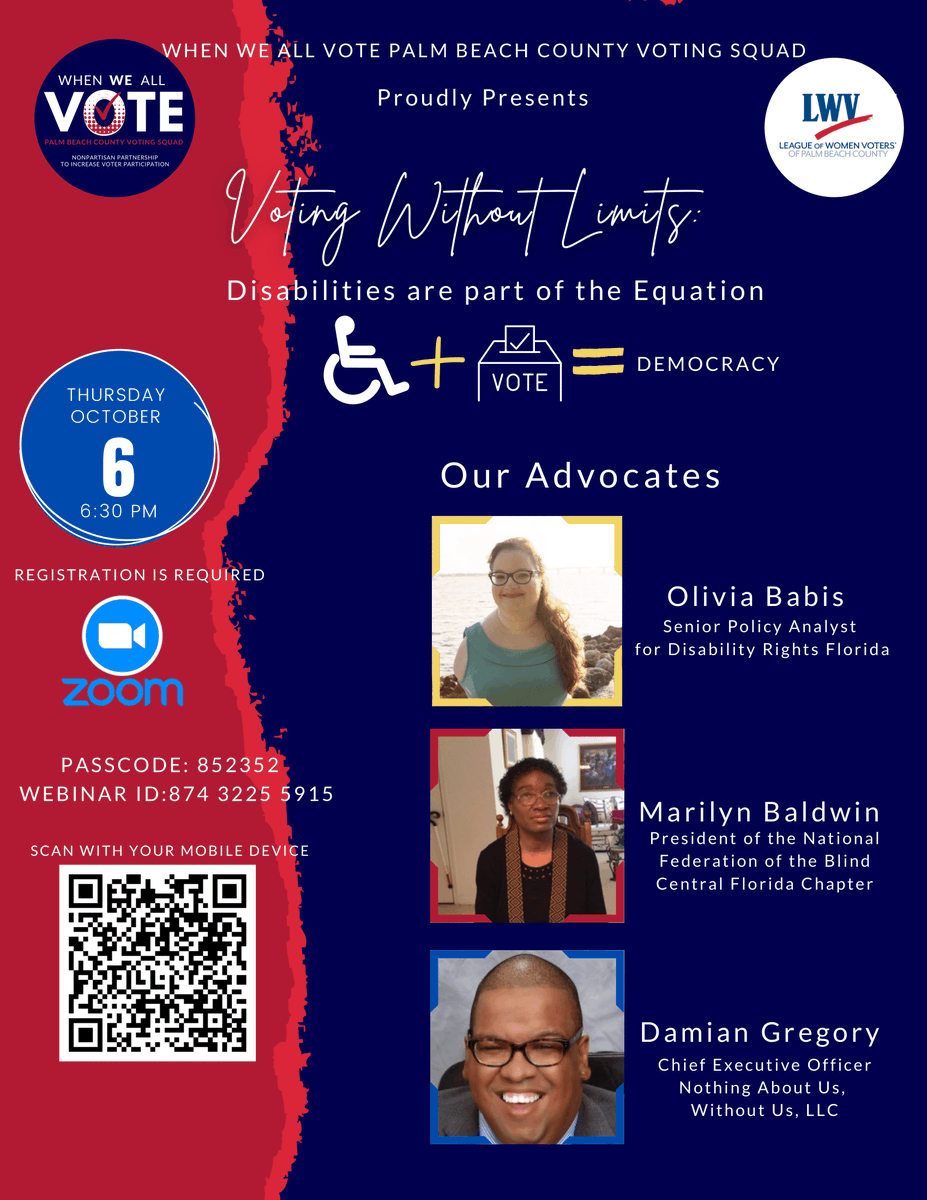 LWVOC's tweet photo. Too often the disabled community is left out of the discussion when it comes to voting. Join @WhenWeAllVote and @LWVPBC tomorrow at 6:30 PM for a discussion on disability rights and its relation to our democracy. https://t.co/AjxA9QtXGc