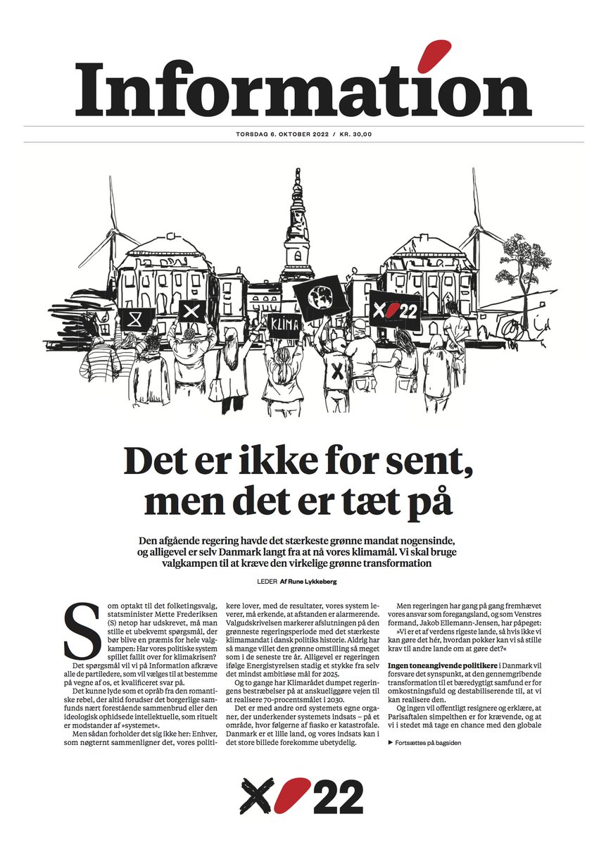 aftrier's tweet image. ’Det er ikke for sent, men det er tæt på. Danmark har brug for en grøn valgkamp’
Leder på forsiden af @informeren #dkpol #dkgreen
information.dk/indland/leder/…