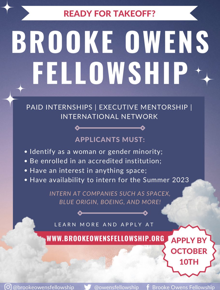 [Brooke <a href="/OwensFellowship/">Brooke Owens Fellows</a> Opportunity] PAID #INTERNSHIPS &amp; EXECUTIVE #MENTORSHIP for Exceptional #Undergraduate #Women &amp; Gender-Minority Students in AEROSPACE
Apply by Oct. 10: bit.ly/3CfBaWh

Build a network that will launch YOU to the career of your dreams.