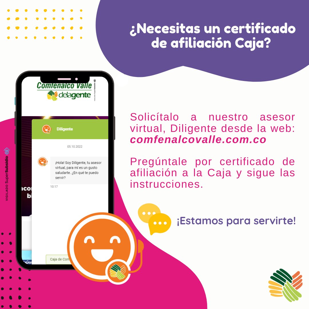 comfenalcovalle's tweet photo. Nuestro asesor virtual Diligente, te ayuda para que lo hagas más rápido y fácil.
¡Estamos para servirte!
#ComfenalcoValle #Delagente #SomosDelagente #AsesorVirtual https://t.co/EJvnBtaGDA