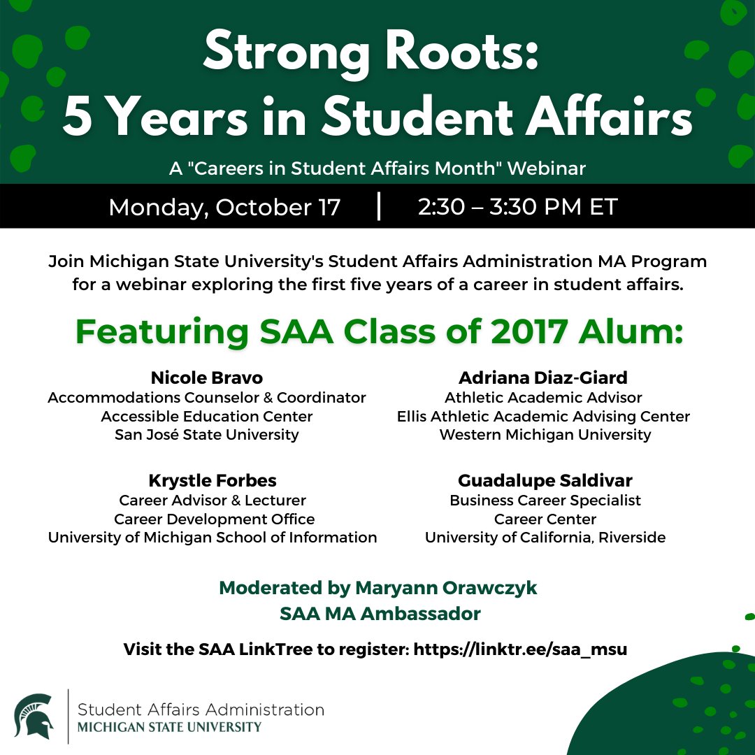HALEatMSU's tweet photo. Join us for an upcoming webinar exploring the first 5 years of a career in student affairs! Register via https://t.co/LbDDaNdWLw. Please share this #CareersinStudentAffairsMonth event. #csam #csam22 #studentaffairs #hesa #highereducation @MSUCollegeofEd https://t.co/oZNiu3Vx27