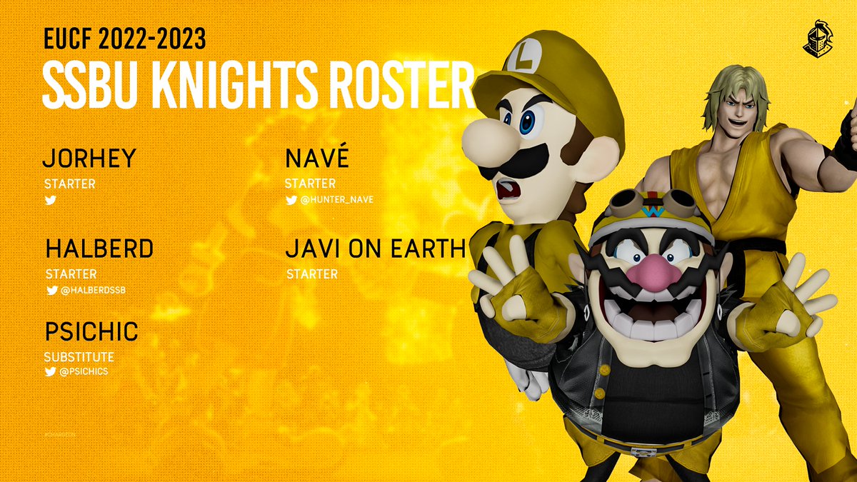 Esports at UCF (@esportsatucf) on Twitter photo Time to find out who's joining the battle!👊🔥 
Introducing our Super Smash Bros Ultimate UCF Knights Roster for 2022-2023! #UCFSSBU
👔 Title Manager: <a href="/PsichicS/">psichic</a> 
⚔️ Jorhey
⚔️ <a href="/Hunter_Nave/">Hunter Nave</a>  
⚔️ <a href="/Halberdssb/">Halberd</a> 
⚔️ javi on earth
⚔️ <a href="/PsichicS/">psichic</a> Time to find out who's joining the battle!👊🔥 
Introducing our Super Smash Bros Ultimate UCF Knights Roster for 2022-2023! #UCFSSBU
👔 Title Manager: <a href="/PsichicS/">psichic</a> 
⚔️ Jorhey
⚔️ <a href="/Hunter_Nave/">Hunter Nave</a>  
⚔️ <a href="/Halberdssb/">Halberd</a> 
⚔️ javi on earth
⚔️ <a href="/PsichicS/">psichic</a>