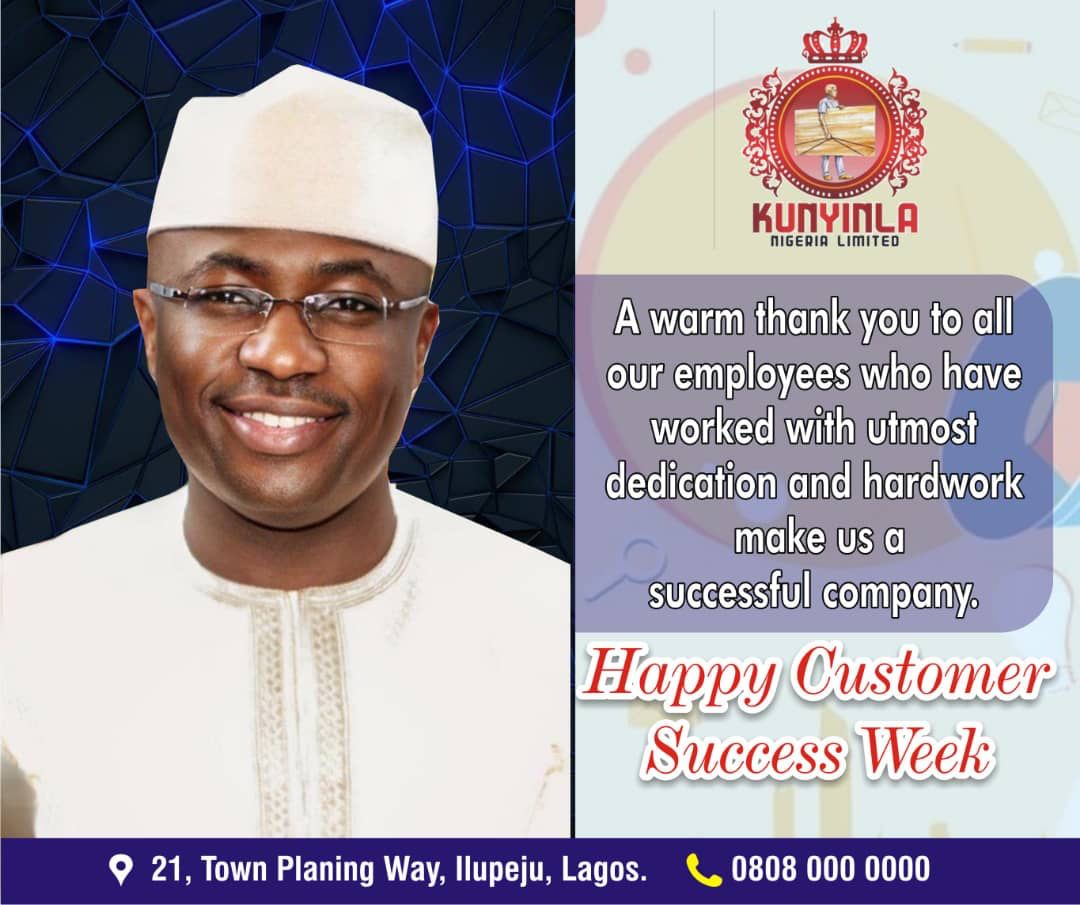 OlaitanBashir8's tweet photo. Happy Customer Service Week! 

To our amazing employees; 
Thank you for being a part of kunyinla Family! 
There is no US without U! 

#CelebrateService 💃💃
#KUNYINLANIGERIALIMITED 
#CustomerServiceWeek https://t.co/EH7KXr78WK