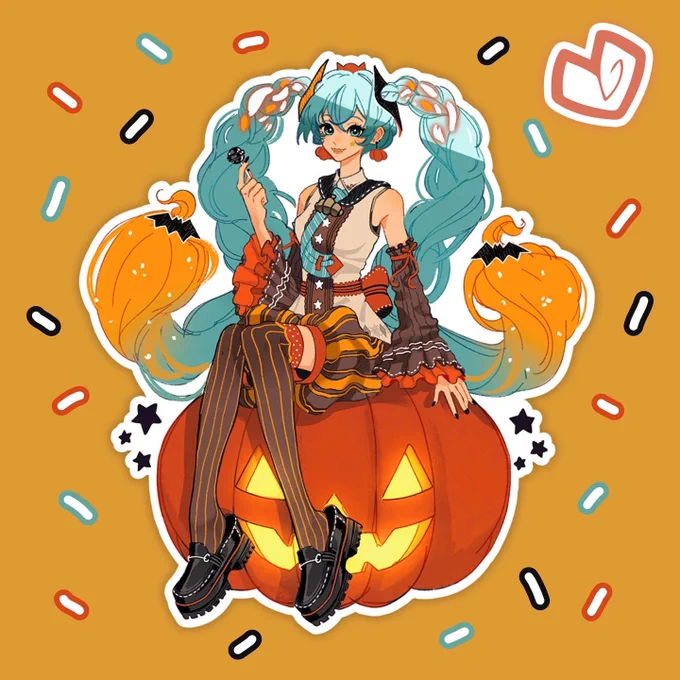 hii! happy to announce ive got some halloween stickers as well as playmats available on 's website!!! the halloween miku sticker is my fave  theyre all vinyl so you can put them on cars, water bottles, anywhere you'd like !! link below  