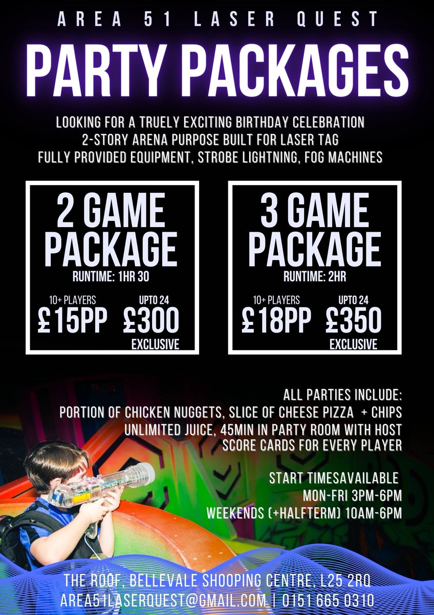 Looking for a birthday party to remember.
Look no further!

Minimum age: 6 and over

Call 0151 665 0310 for more information

#birthdayparty #party #childrenbirthday #laserquest #lasertag #liverpool #bellevale