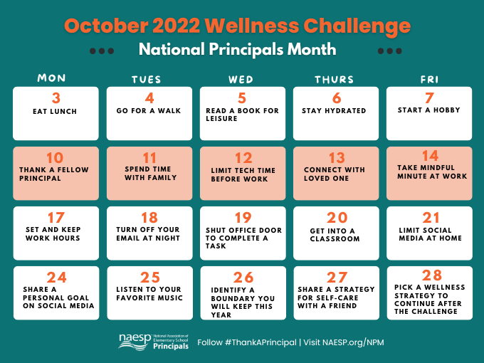 Today is #WorldMentalHealth day! Mental health is extremely important, especially as a leader. As we continue to celebrate #NPM we encourage you to follow and share this wellness challenge activity. Each day highlights a tactic for improving principal wellness! #ThankAPrincipal