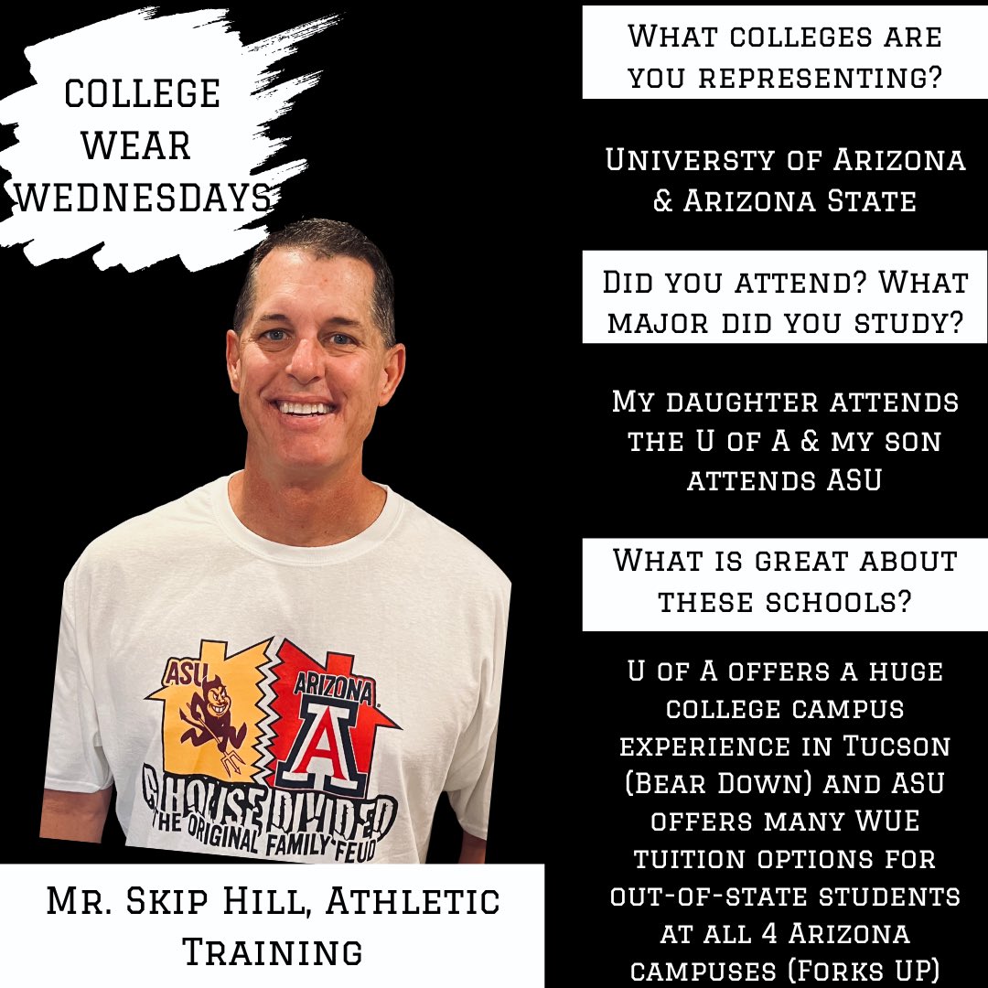 REVCareerCenter's tweet photo. It’s College Wear Wednesdays! Mr. Skip Hill is representing both the University of Arizona and Azusa Pacific University. @RedlandsUSD @REVHSwildcats https://t.co/Tb1RnBehmn