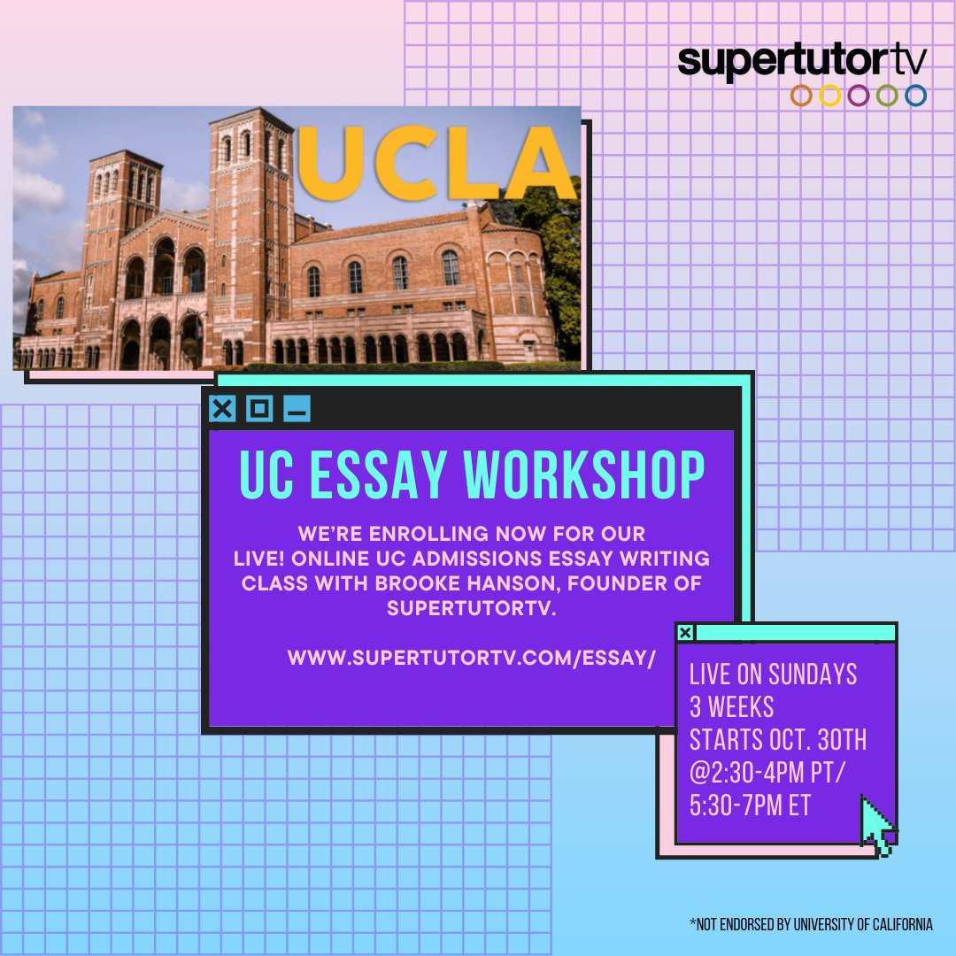 Is UCLA or UCB one of your dream schools? If so, sign up for this awesome UC Essay Workshop with Brooke! Meet live every Sunday and get your essay ready for UC admissions! Sign up here supertutortv.com/essay/