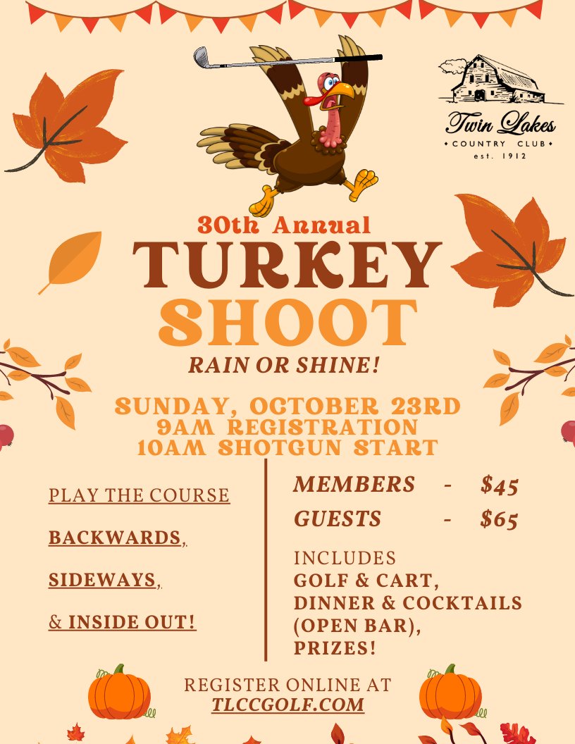 TLCC_Golf's tweet photo. Registration for our Annual Turkey Shoot is live! 
Register online at the link below!

https://t.co/O36TO4VJWM https://t.co/2Ad0GthEnb