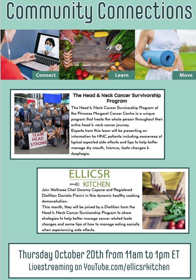 PMCancerRehab's tweet photo. Oct 20th Community Connections🎃
The Head & Neck Cancer Survivorship Program @pmcancercentre will be presenting on info for HNC patients + strategies to help better manage expected side effects🙌
Cooking demo will share tips to help w/ taste changes
📽️: https://t.co/NMnDp9M0QS https://t.co/nCQWJL0kwl