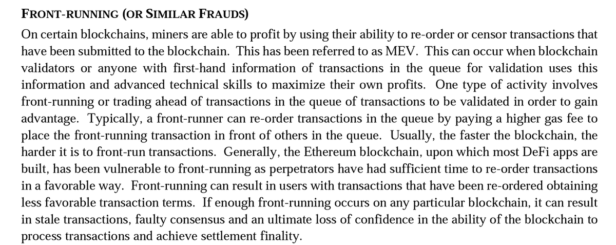 BillHughesDC's tweet photo. I can't think of a single financial regulator who will learn about #MEV and say "okay cool".  The paragraph below is from the March 2022 IOSCO preliminary report on DeFi.  "FRONT RUNNING/FRAUD" is the framing.  Policy engagement about MEV will be some of the most fraught. https://t.co/XmLg3MM6Ef