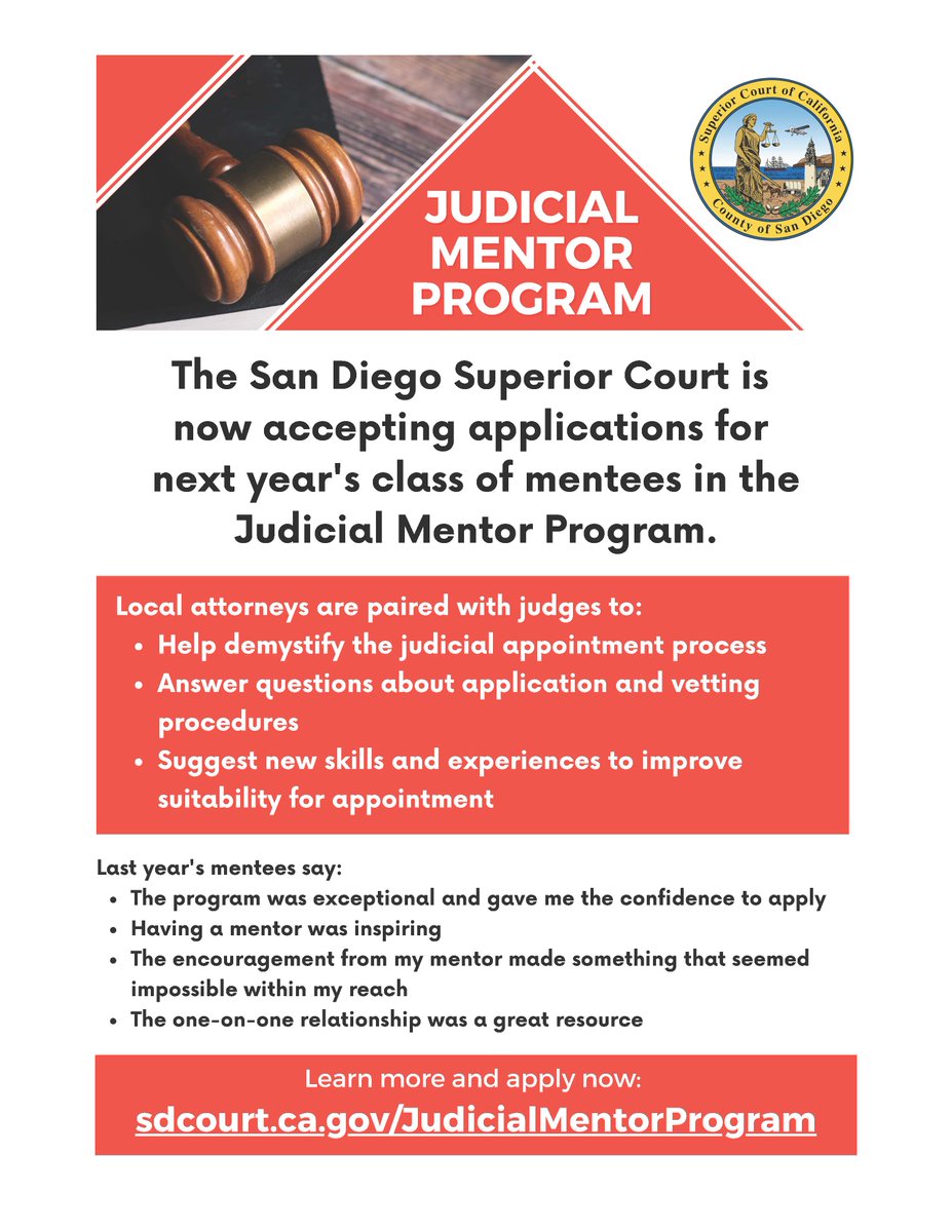 sandiegofba's tweet photo. Have you considered applying for a judicial appointment? If so, we encourage you to apply for the Judicial Mentor Program! Applications may be submitted between September 1 - October 31 for the 2023 calendar year. Learn more and apply now: https://t.co/WkanxZ61V6 https://t.co/lwPiyiz6JF