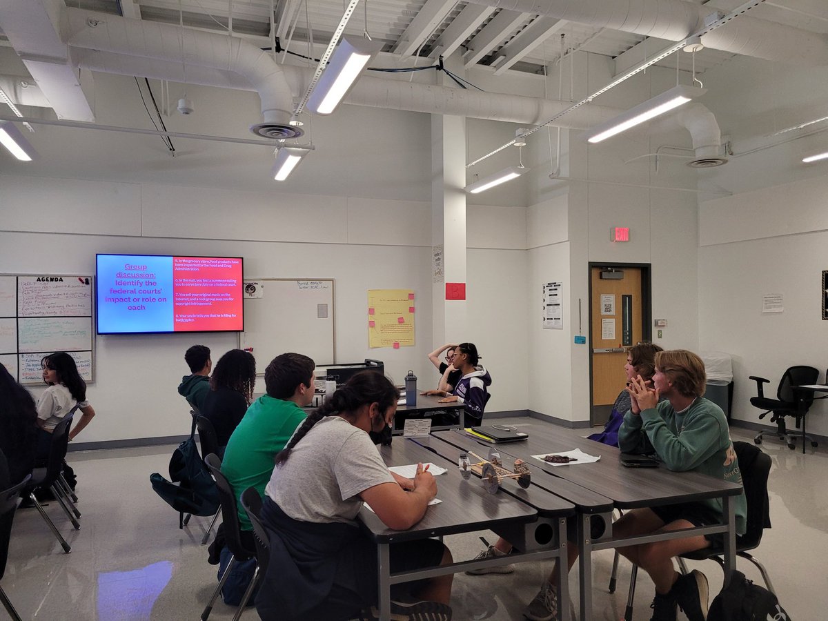 KCAL_Law's tweet photo. Legal Research and Writing played a few rounds of musical chairs to find their discussion groups today. How does the federal court system impact your everyday life? Bet they can tell you! #CTEinKISD https://t.co/d00OZrnXfo