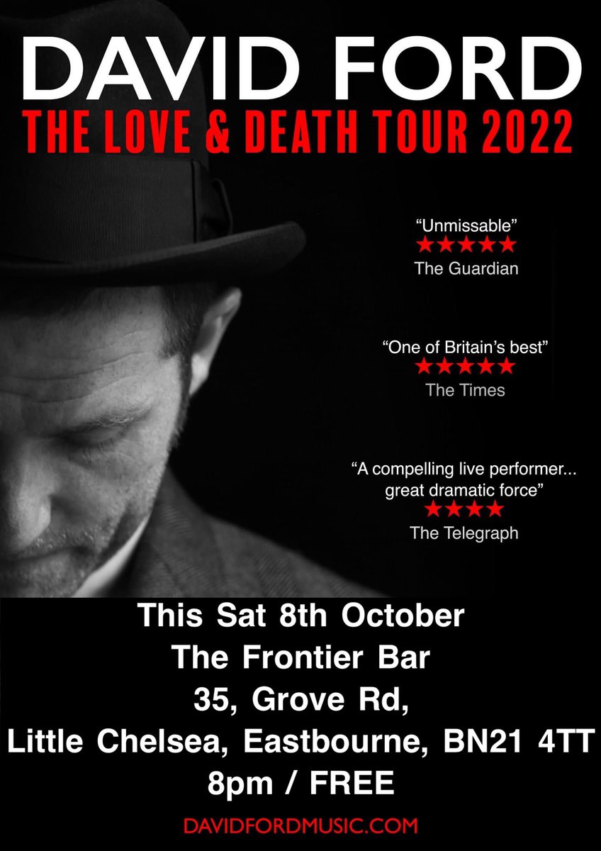 Legendary Eastbourne-based singersongwriter @davidfordisdead starts his new new Love & Death LP tour with an exclusive solo gig HERE at The Frontier Bar this Sat 8 Oct & it’s FREE! The LP will be available to buy! 8-Late FREE! #Eastbourne #eastsussex #live #music #sussex #gigs