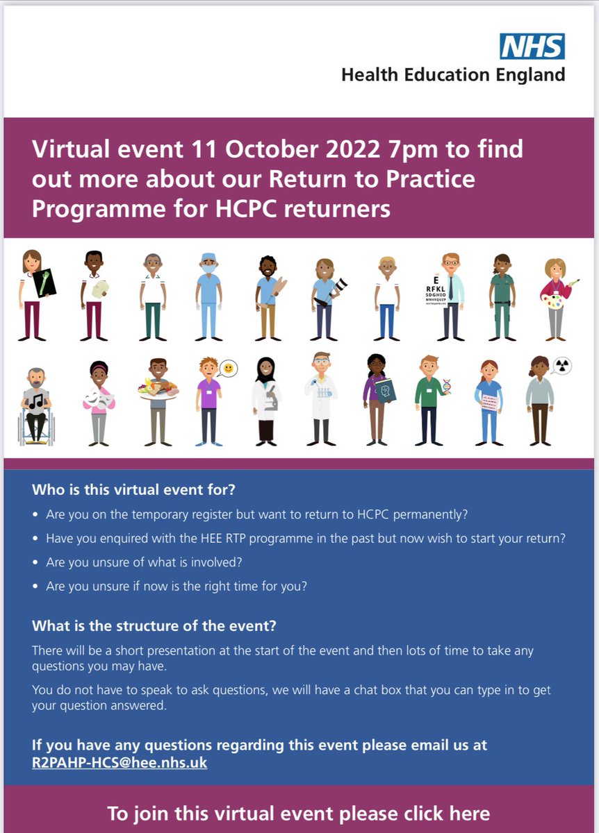 Are you looking to return to working as an #AlliedHealthProfessional ? 👀 Check out this webinar to find out more about Health Education England’s National Programme for HCPC returners. #readytoreturn @ahpfaculty @HWE_Academy
