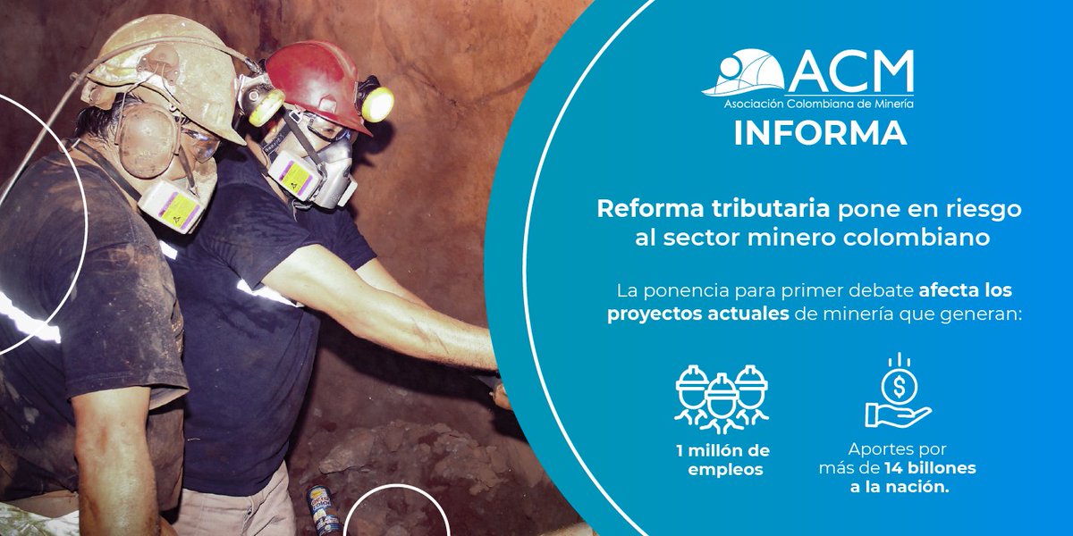 acmineriacol's tweet photo. La ponencia para el primer debate de #ReformaTributaria, pone en grandes riesgos al sector minero colombiano y con ello, a muchos de los proyectos actuales que generan cerca de un millón de empleos y más de 14 billones en aportes para las regiones del país. [Abrimos hilo] https://t.co/BoyafBY3KY
