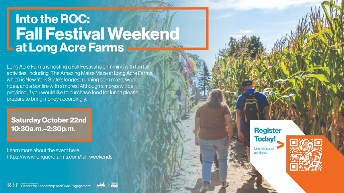 Calling all RIT students! Join CampusROC on Saturday, October 22nd at Long Acre Farms. Long Acre Farms is a farm market, corn maze, ice cream shop &amp; winery all in one! 

Register today: cglink.me/2d1/r1844934

Do you want your campus to host an event off campus? DM us!