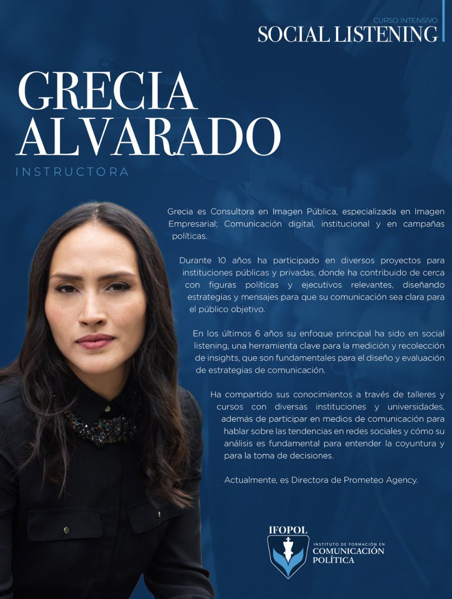 Ella es <a href="/Greciaae/">Grecia</a> especialista en #SocialListening y este sábado nos dará un taller intensivo para aplicar de manera eficiente esta herramienta en tus campañas políticas. Regístrate y pídenos una beca o manda whatsapp bit.ly/3rnQR7B 
#SomosIfopol