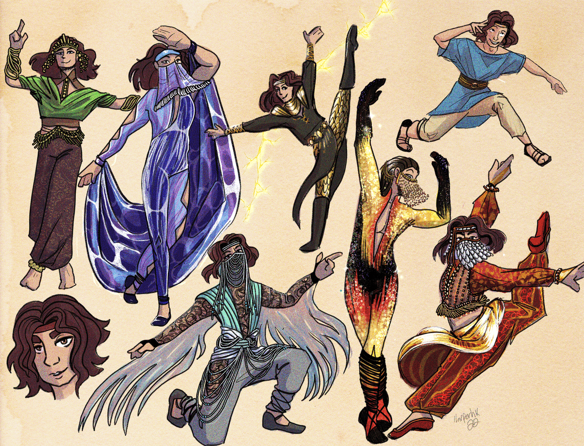Harperinkk's tweet photo. Did some figure studies while doodling up ideas for our Dancers elemental outfits, each one grants access to specific spells when worn. It's a little funny to think of the rest of the group in grubby adventuring wear when Aurelio gets to be fancy all the time. https://t.co/sFjq9hB4SE