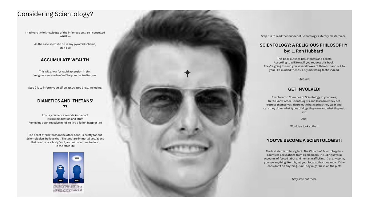 normally i sit next to jameson in my english class. today he sat next to someone else. when i asked him why, he said “i didn’t appreciate your infographic on scientology. scientology is more than wealth and dianetics.” i cried a little. here’s the infographic. i got a 50%.