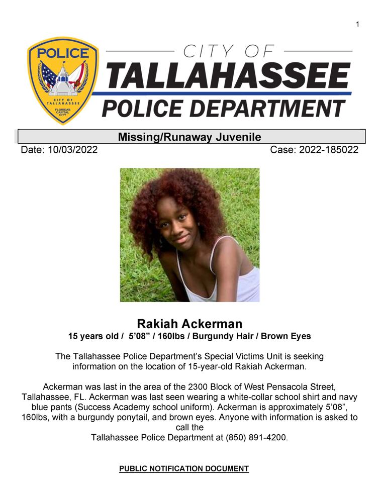 TallyPD's tweet photo. Please share to help locate this missing juvenile. If you have information regarding Rakiah's whereabouts, please call TPD at 850-891-4200. https://t.co/Ioxl2nzKIp