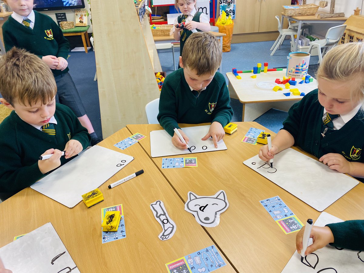 sjvblackpool's tweet photo. This week, we’ve read ‘Funnybones’ 💀📚 and today we pulled skeleton bones out of a bag that had some of the sounds we have been learning on. We used them to practise our letter formation ✏️ #SJVRA #SJVWriting https://t.co/tyWEGOZQbx
