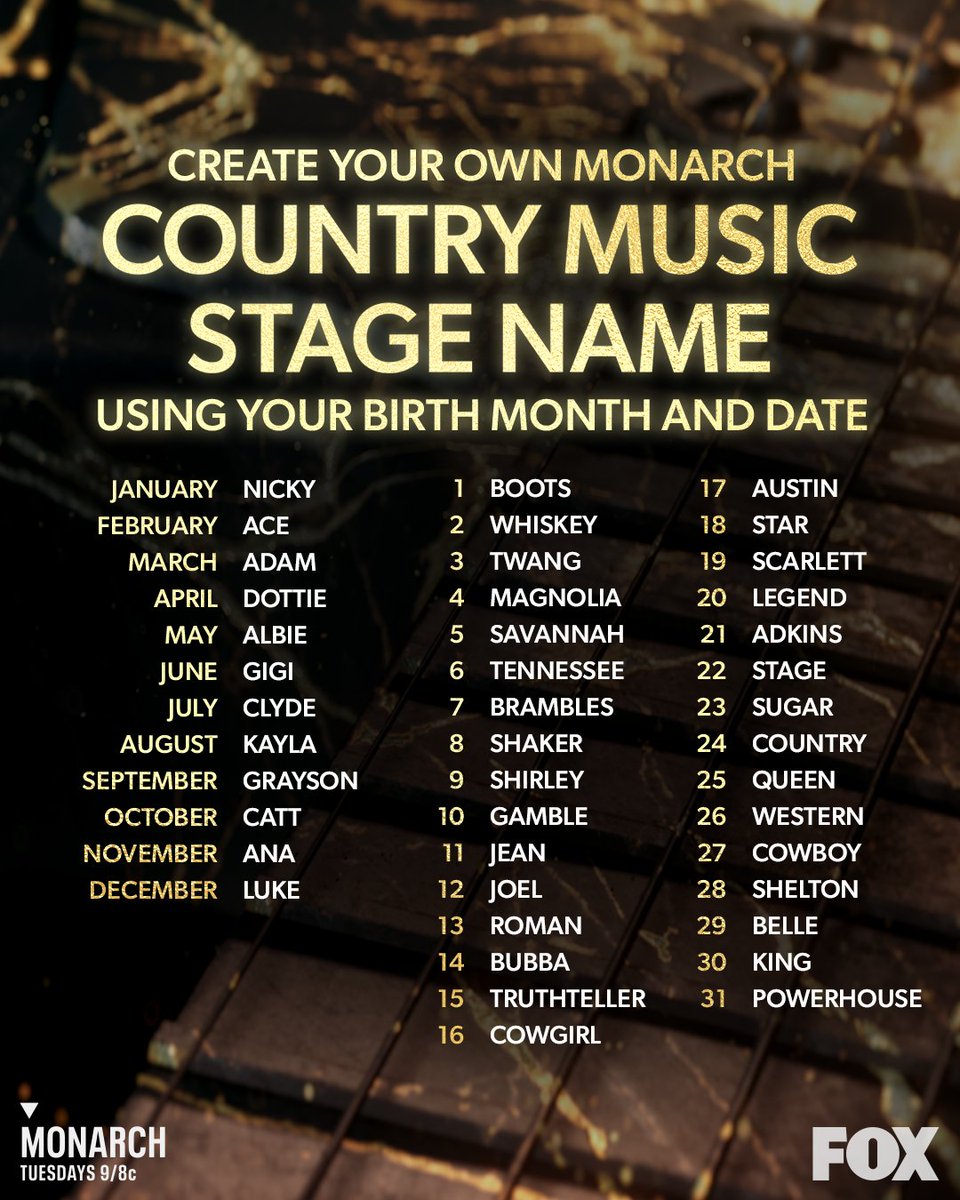 Want to know your #Monarch Country music stage name? We got you covered! 🤠 🎤