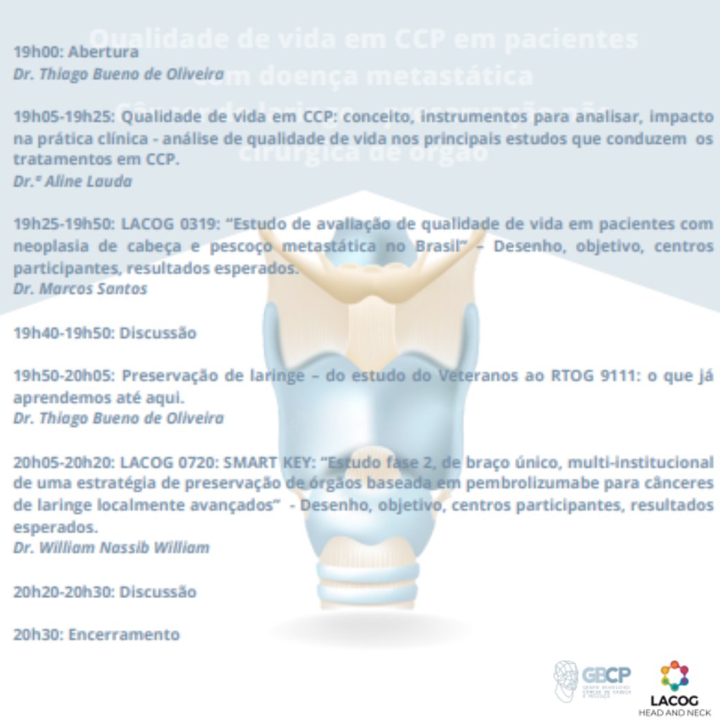 gbcpoficial's tweet image. Convidamos você para participar na próxima segunda feira, 10.10, às 19h, de um encontro online para discutirmos os temas que temos estudos em aberto no LACOG-HN:

1. Qualidade de vida em CP
2. Preservação de laringe 

Confira nas imagens a programação.
