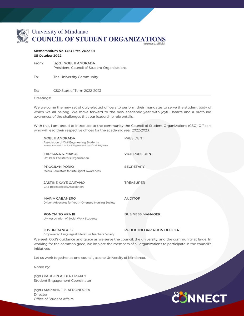 umcso_official's tweet image. Memo No. CSO-Pres. 2022-01
Re: CSO Start of Term 2022-2023

#UMCSO
#CSOConnect
#OneUMindanao