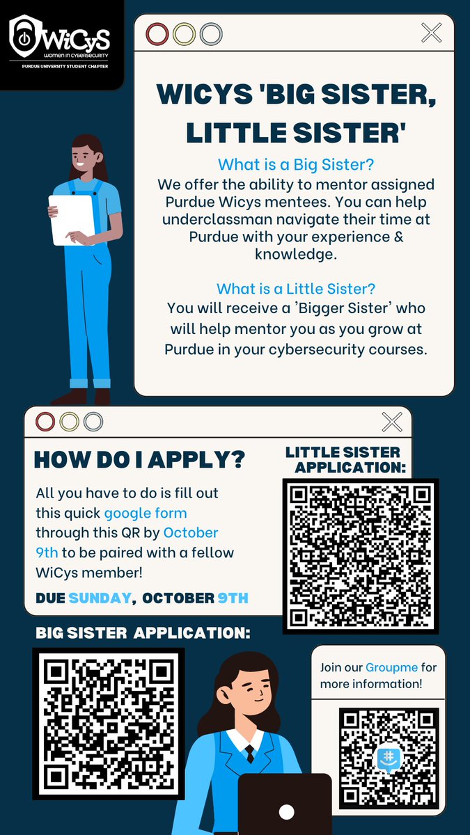 wicyspurdue's tweet photo. Fill out this google form to be considered before Sunday, October 9th:
Big Sister application
https://t.co/hrF9eh6xSQ
Little Sister application
https://t.co/wNBWkEjKYl
DUE SUNDAY OCTOBER 9th #wicys #purdue https://t.co/7YxiroitaW