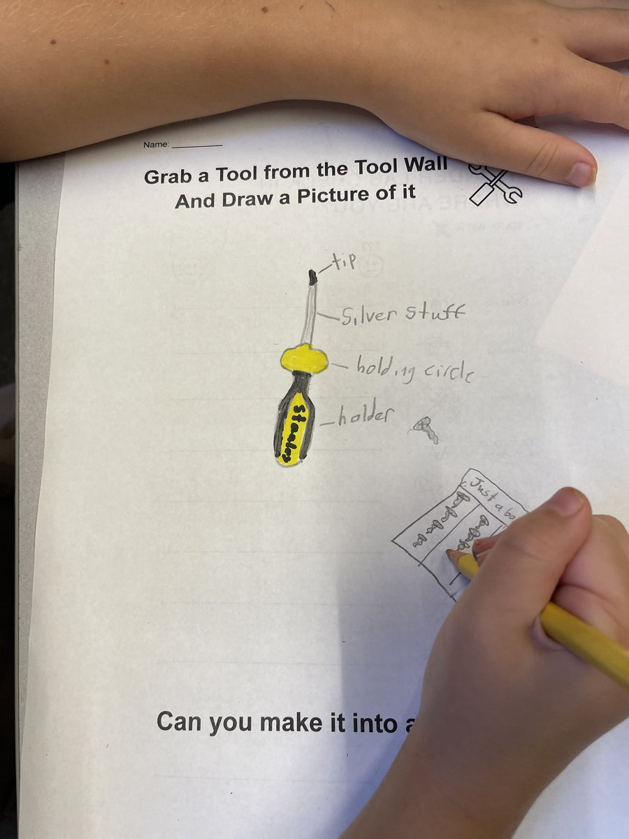 reidgreenblue's tweet photo. We asked every student to pick a tool in the Lab and draw it. It’s a hunch but maybe the close observation used to draw something will help with the understanding of how to use it? Either way they are joyful drawings we will use for signage and hand outs #pyp #pypdesign #makered https://t.co/csy47Oa8pS