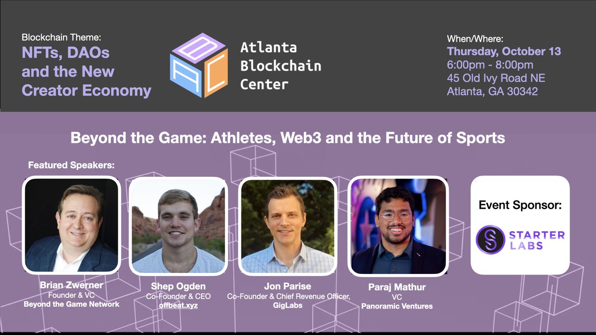 CountryBios's tweet photo. Come join me, @ShepOgden @Jon_Parise and @itsparaj at @AtlantaChain next week for this fun panel discussion on #Web3 in sports and entertainment.

Register for free here: https://t.co/3ajQsMQm8Z https://t.co/iwIZnms9fN