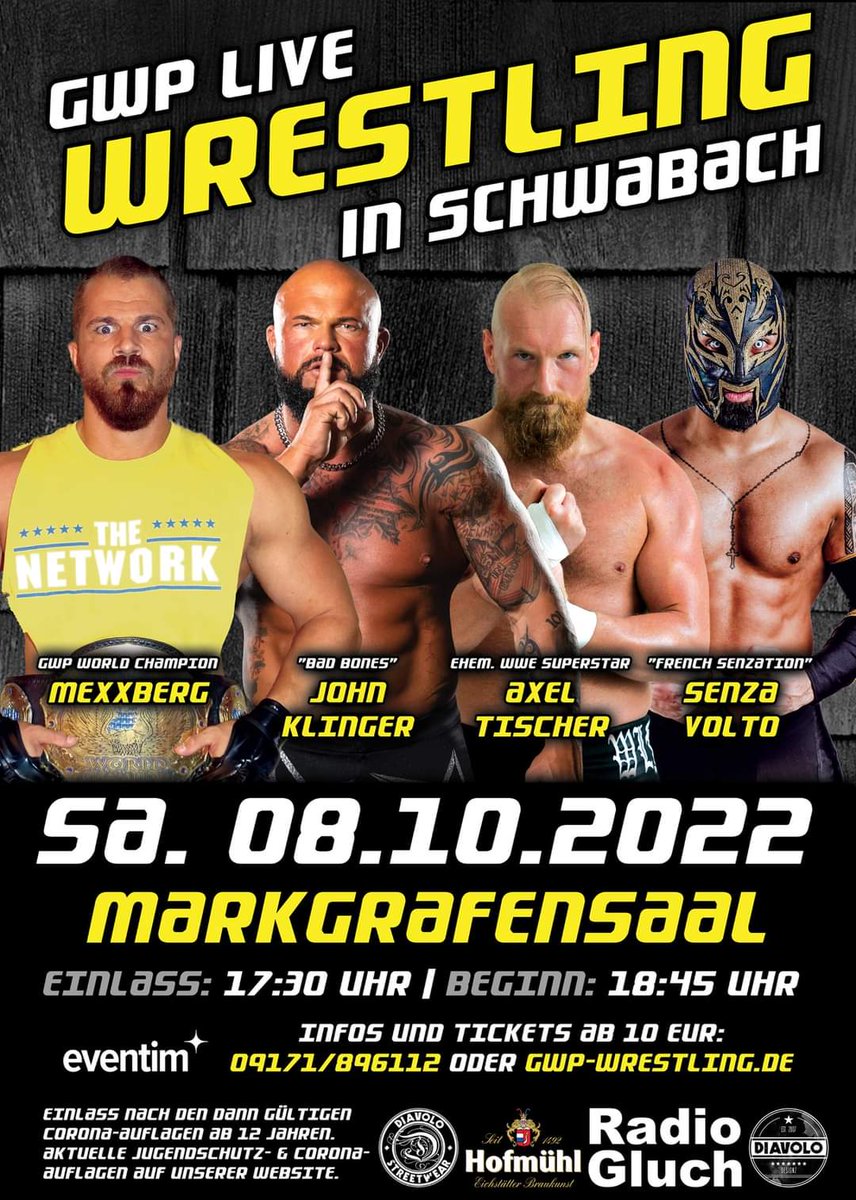 bringAsmileTOit's tweet photo. Es gibt wieder AUF DIE FRESSE!

Diesen Samstag, 8.10. in @stadt_schwabach mit deftigen Kämpfen.
Die @gwpwrestlingev präsentiert euch Ex-@NXT_UK @TeomanWWE, Ex-@WWE @axeman3016, @Aigleblanclucha, @georges_khoukaz, @HektorInvictus, @xaragrace und viele mehr.

Hohl dir dein Ticket! https://t.co/pC9HhPnbYt