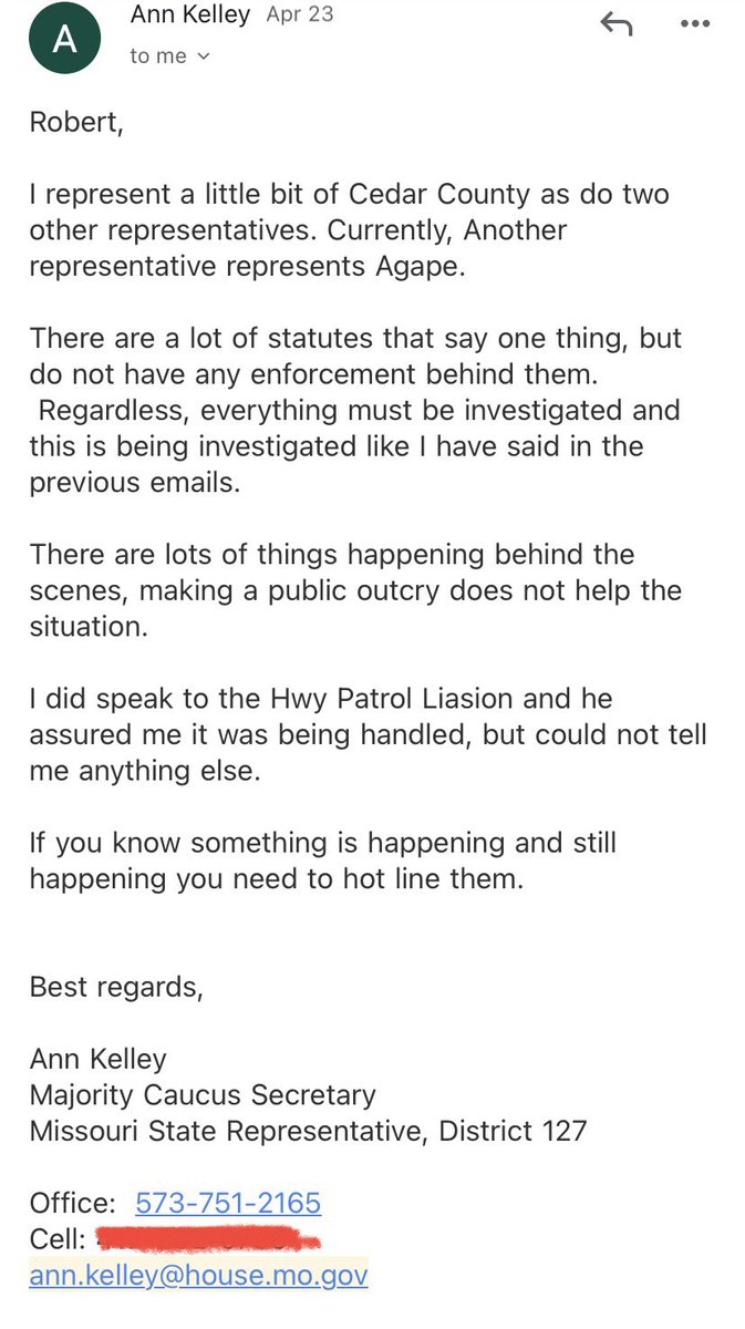 Almost 5 months ago, Missouri State Lawmaker Ann Kelley tried silencing me about Agape

She told me our public outcry is not helping the situation

She didn’t want Missourians to know about the abuse.

Today, she refuses to stand with the victims 

Vote her out!