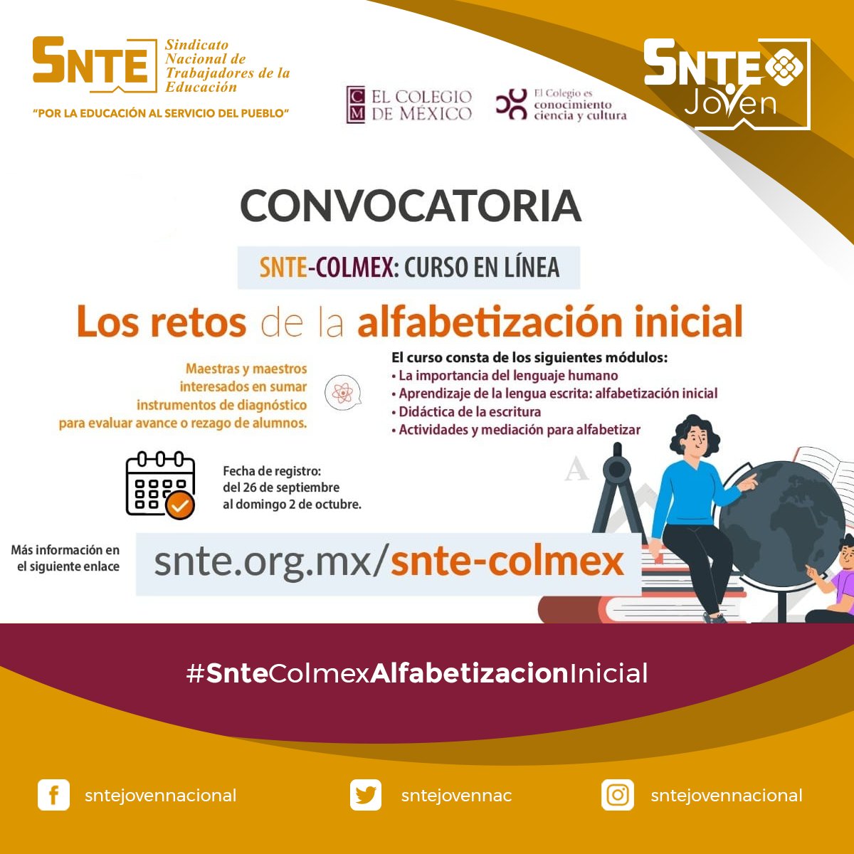 sntejovennac's tweet photo. #SNTEconMéxico 👩‍🏫🇲🇽👨‍🏫
Si eres maestr@ de 1º ✔️ 2º ✔️ o 3º ✔️ de primaria toma nota 📝 y regístrate 👉el #SNTE 📚 y @elcolmex 🏢 en un marco de colaboración estratégica ofrecen curso para enriquecer conocimientos sobre alfabetización inicial 🧑‍🏫🔜🏫🔜👧👦

https://t.co/2VDRbXtNbY https://t.co/Gp1BTt6RGk