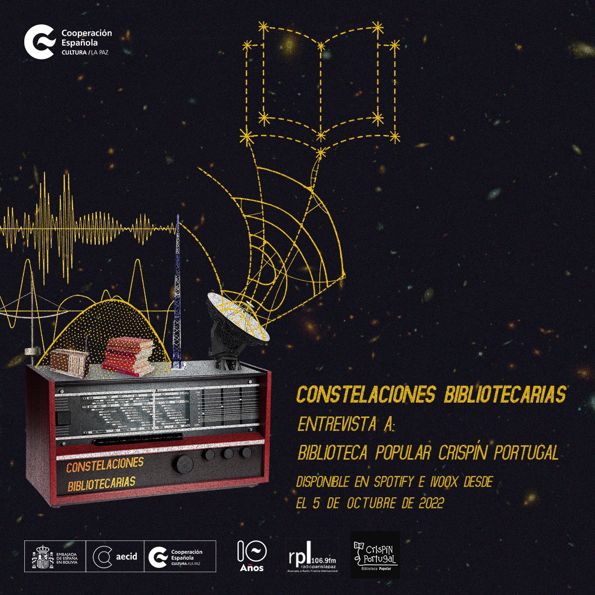 CCELAPAZ's tweet photo. Ya está disponible el nuevo episodio de #ConstelacionesBibliotecarias✨

En esta oportunidad, nos vamos hacia El Alto para conocer la Biblioteca Popular Crispín Portugal📚

Escúchalo ahora👉🏻 https://t.co/lYhFEgvg5k https://t.co/ccH1Nkmun5