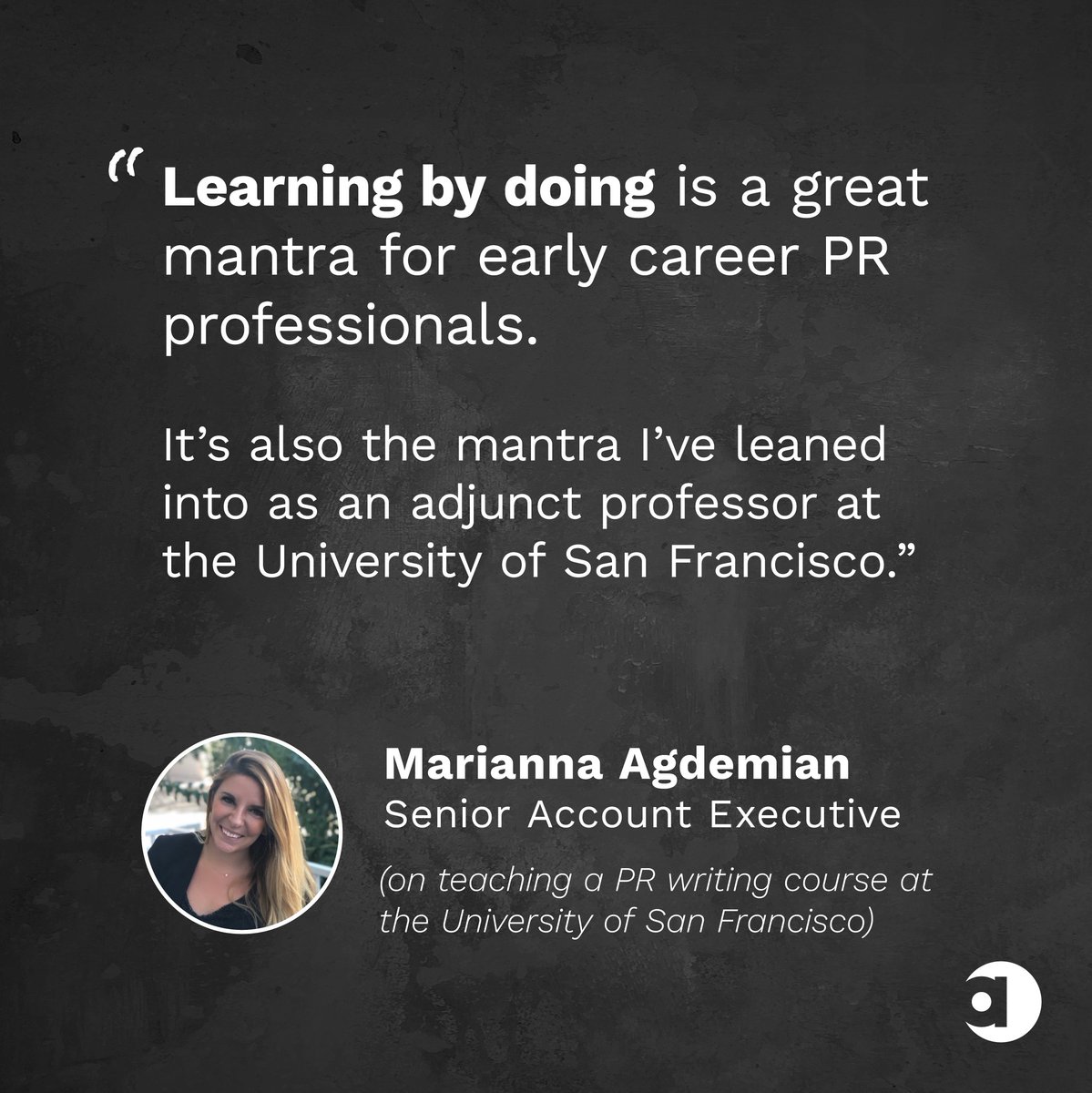 AccessTheAgency's tweet photo. A PR Pro and a teacher? That's right! Marianna is also teaching her own PR class at the University of San Francisco which functions as a PR agency learning from real case studies and guest speakers every week. Congratulations Marianna! Today we celebrate you. #WorldTeacherDay https://t.co/PcNkzRiZ2r