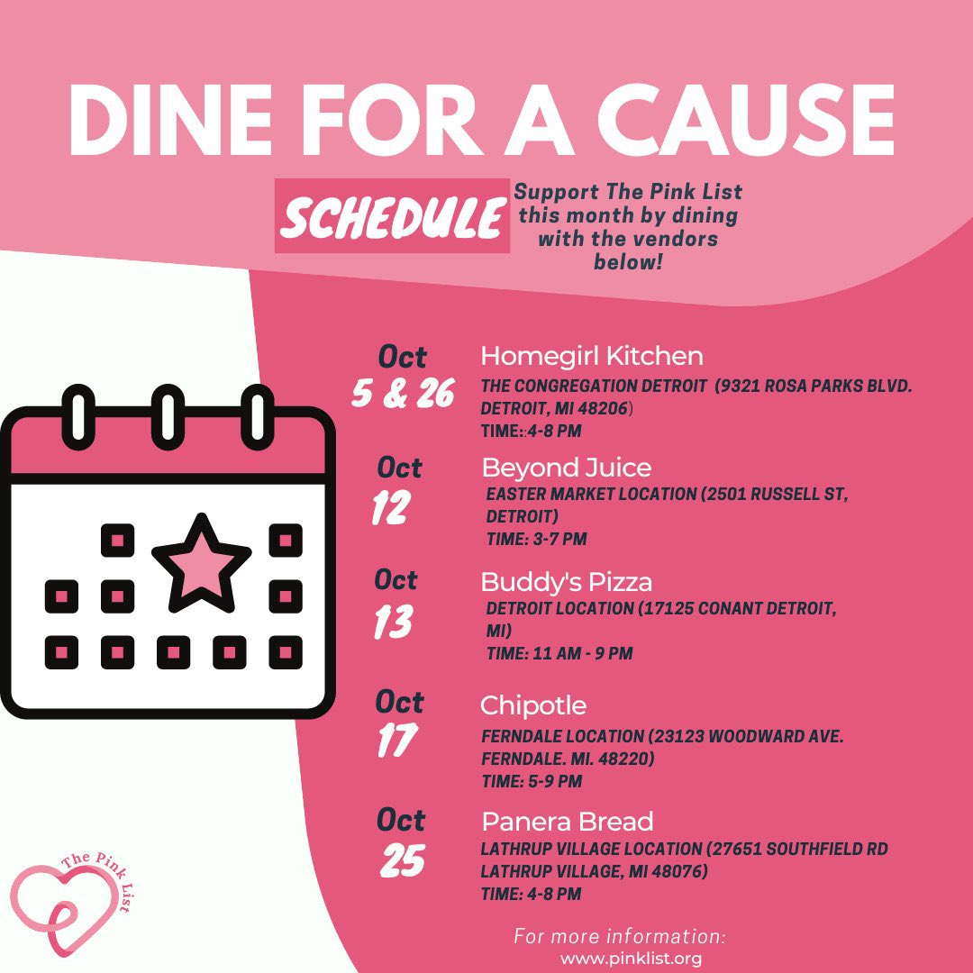 _ThePinkList's tweet photo. We’re kicking off our Dine for a Cause series with @inathestallion today at The Congregation Detroit! Stop by her booth from 4-8 PM &amp; buy The Pink Lady cookie to supper families facing breast cancer 💕 https://t.co/88DXWyHbI7