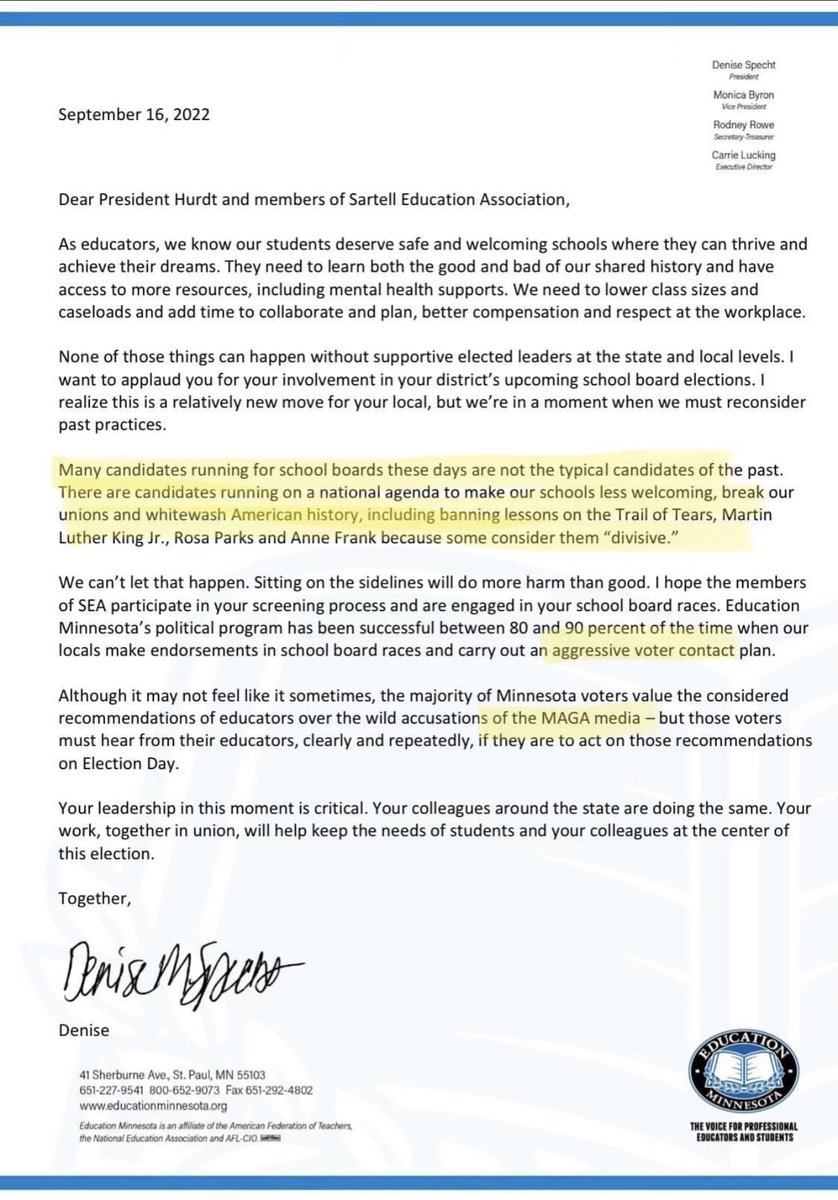 MNParentsFTW's tweet photo. In case anyone is still unclear on how teachers unions operate…let this sink in and then go find local parents in our voter guide who want our schools controlled by parents and taxpayers, not @DeniseSpecht https://t.co/XzZVDPzZjh https://t.co/O4CF9NNAaD
