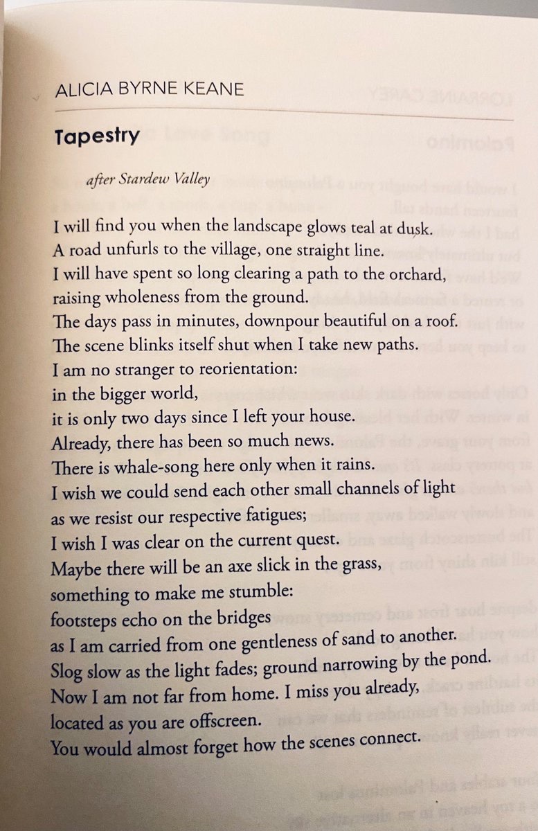 I am no stranger to reorientation: in the bigger world, it is only two days since I left your house. Already, there has been so much news. Tapestry (after #StardewValley) by @keane_byrne, from Romance Options: Love Poems for Today, published October 10th by @dedaluspress ❤️💫